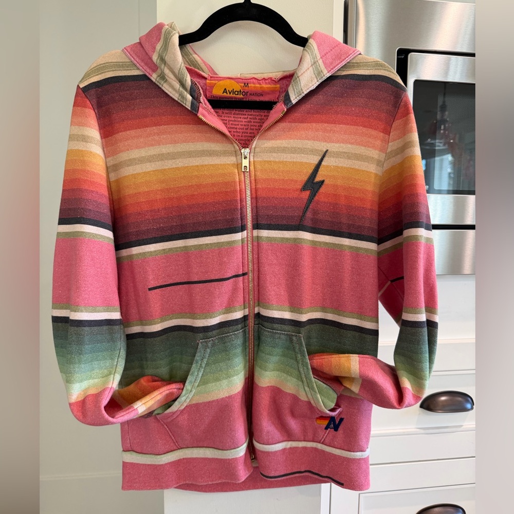 Aviator Nation Women Multi-Stripe Zip Hoodie + Sweat Pants w/ Lightning Bolt